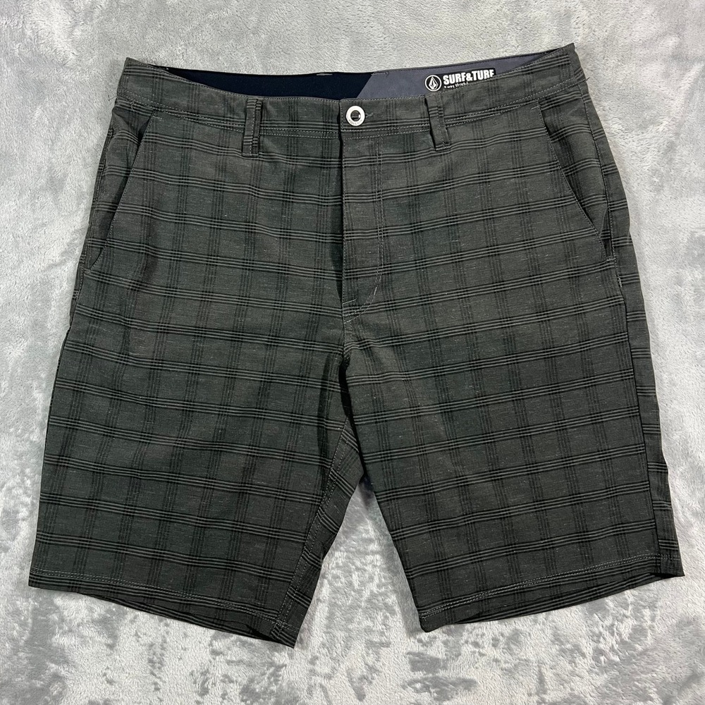 Volcom Surf & Turf Chino Shorts Mens 36 Grey Plaid 4-Way Stretch Hybrid Beach